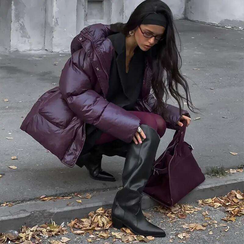 Elegant Burgundy Women Padded Cotton Jackets Stand Collar Long Sleeve Zipper Pockets Warm Coats Autumn Winter Lady Streetwear