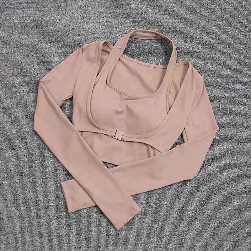 Wholesale customized blank 2-in-1 yoga crop womens long sleeved camisole bra top rib Agraffe fitness suitXJ250410