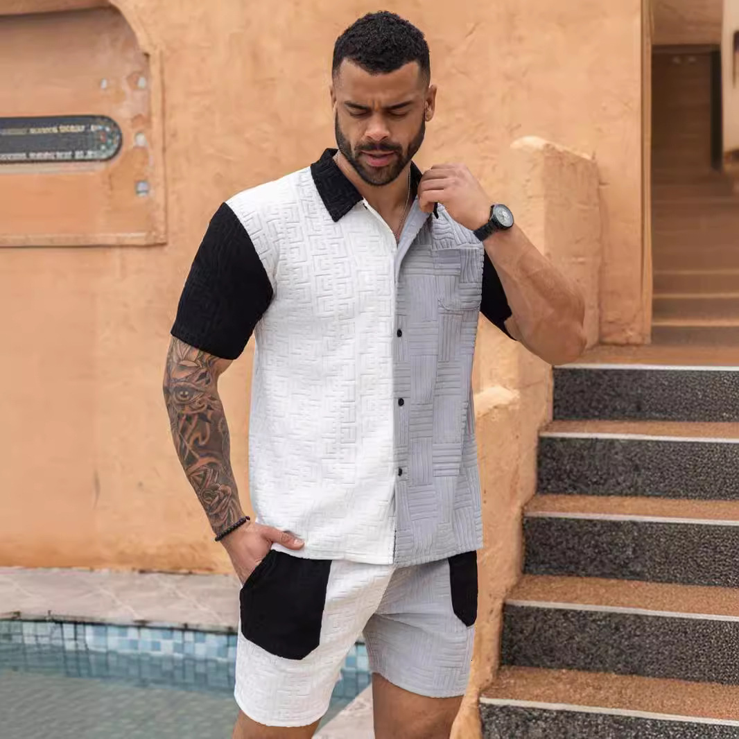 Tem 2025 Summer Mens Casual Sports Set Jacquard Knitted Shirt Mens Shorts Set Trendy