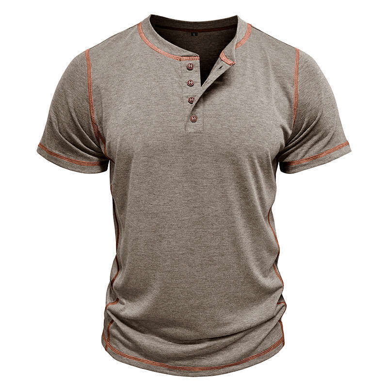 Summer European and American Short sleeved Henley Shirt Round Neck Color blocked Top T-shirt Men's Wear 2025 New Casual Versatile Fashion Clothin
