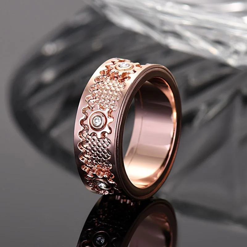 Zircon Inlaid Stainless Steel Gear Ring Creative Double Layer Rotatable Men and Women Party Decor Fashion Jewelry Finger Rings 251110