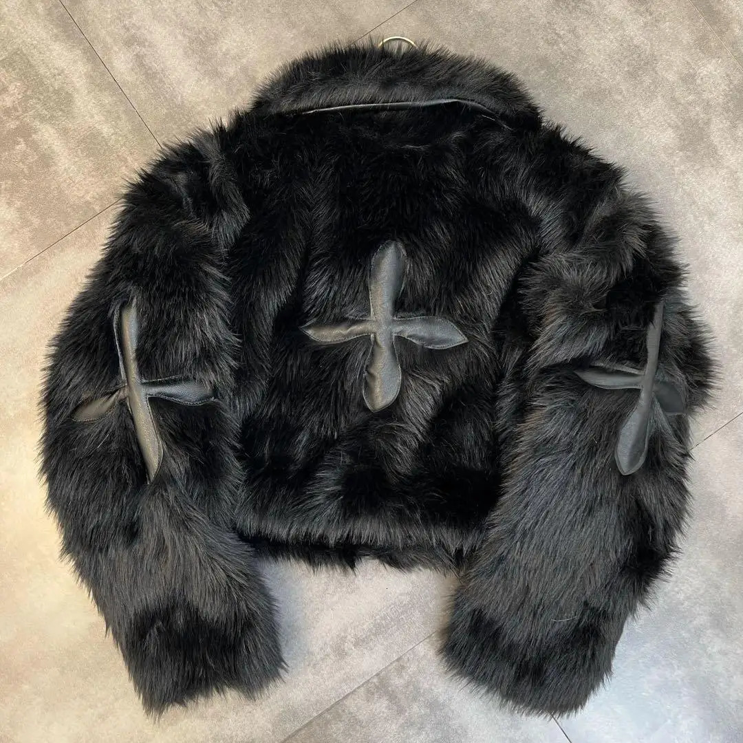 Winter Women Cotton Jacket Lapel Long Sleeve Patch Cross Short Fur Coat Black 251110