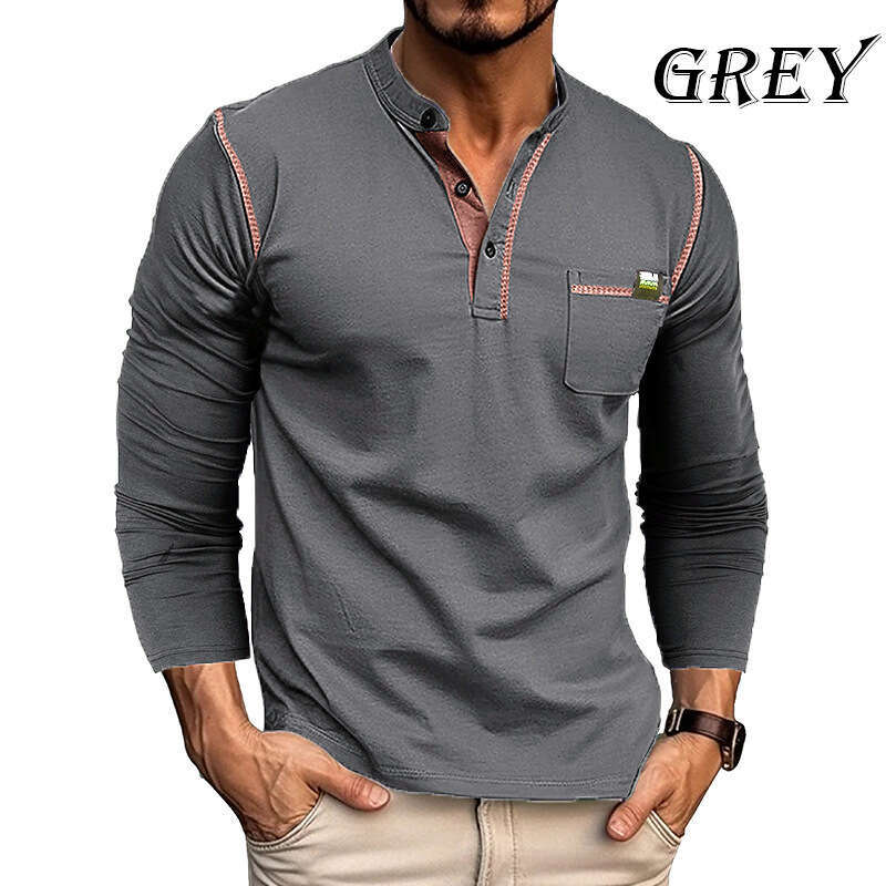2024 Cross-Border European and American Men's Export Long Sleeve Henry Shirt Amazon Color Block Knitted T-Shirt Men Wholesale