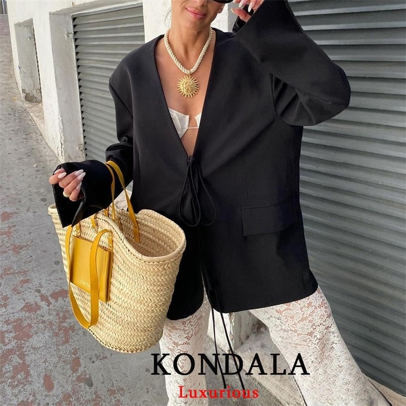 KONDALA Casual Oversized Black Blazer Women V Neck Bow Tie Pockets Loose Jackets Fashion Fall Streetwear Outwears 251106