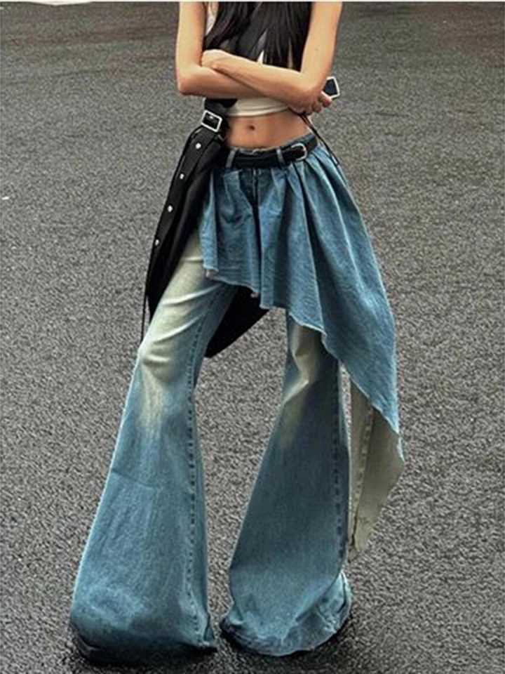 Streetwear Vintage Women Jeans Irregular Fake Two Pieces Patchwork Denim Pants American Fall High Street Hottie Flared Trouser C251110
