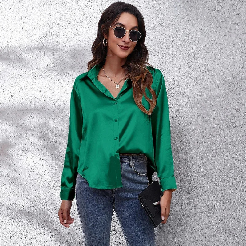Spring satin womens loose button up shirt womens silk long sleeved shirt 250409