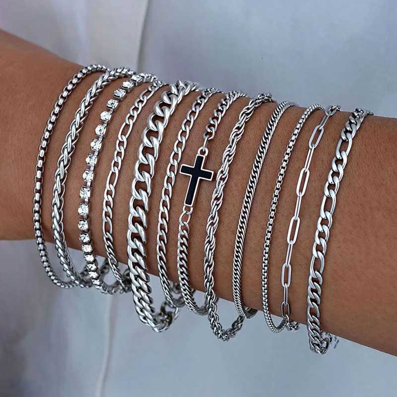 Simple Stylish Punk Hip-Hop Stainless Steel Cross Rhinestones Chain Bracelet Set for Men Women Vacation Date Casual Jewelry GiftT251110