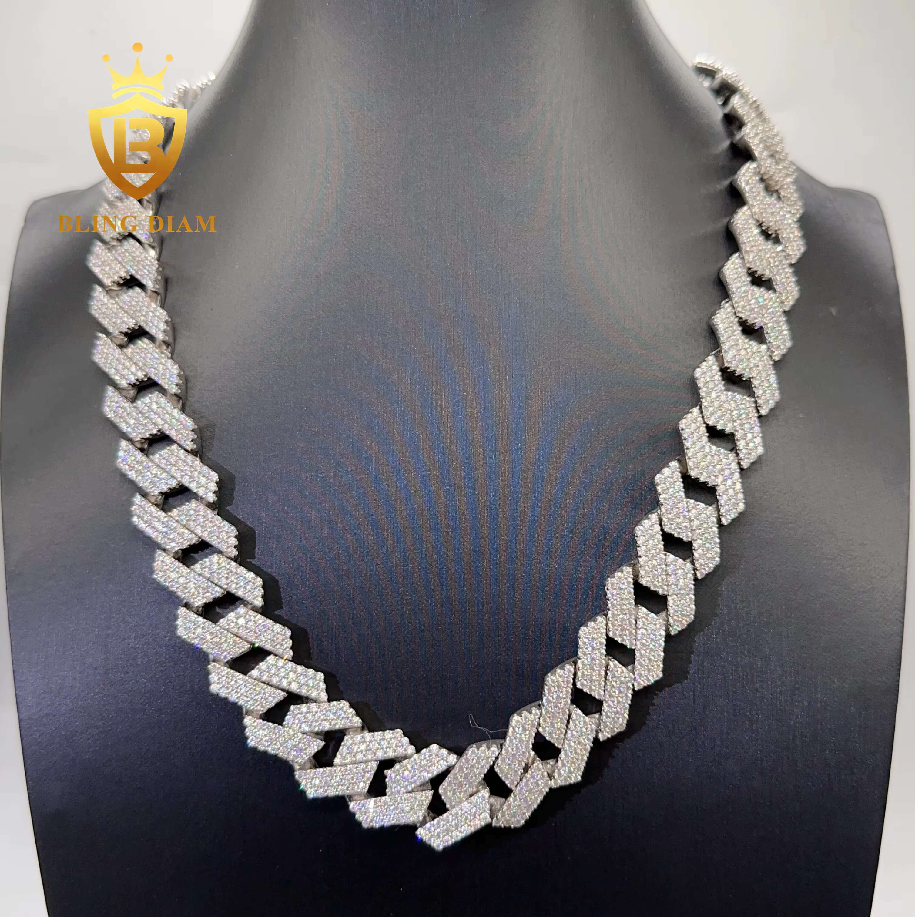 Iced Out Cuban Necklace 3 Row 18mm Hip Hop Fine Jewelry Vvs Moissanite Sterling Silver 925 Cuban Link Chain