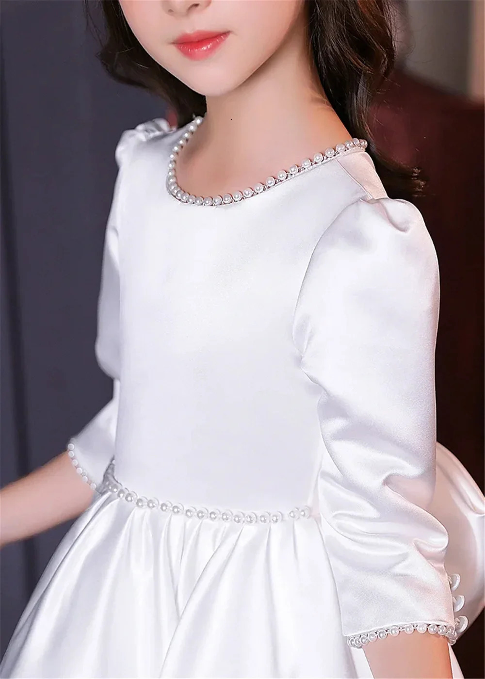 Cute white satin flower girl wedding dress princess bow childrens birthday party evening custom dress 250403