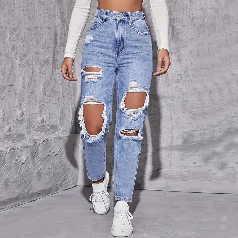 American Retro Hole-punched Jeans Women High Waist Straight-crotch Loose Slim Design High-street Wide-legged Dragging Pants C251110