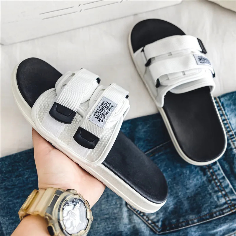 Mens outdoor slippers indoor casual slippers non slip soft bottom hook and loop slippers fashionable beach summer sandals flip up 250408
