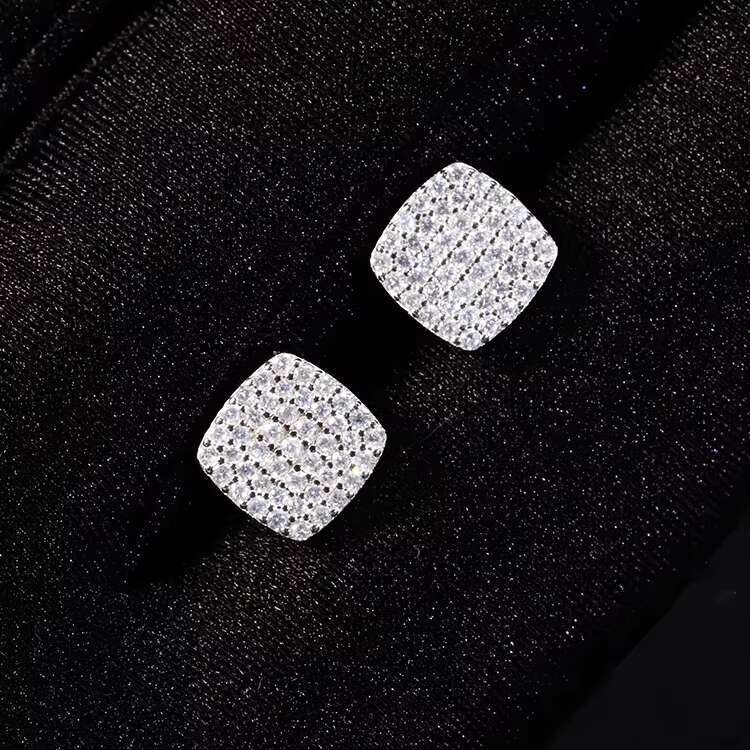 RTS Fashion Moissanite Earrings Square Style 925 Sterling Silver Round Moissanite Stud Earrings for Mans Women
