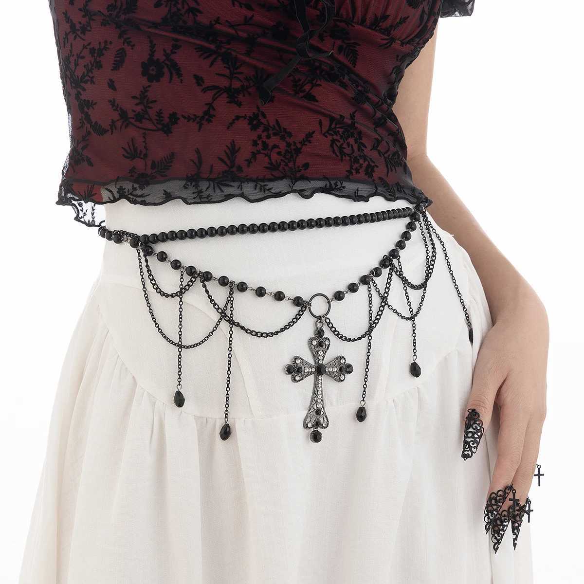 IngeSight. Elegant black crystal cross pendant waist and belly chain used for Gothic Halloween body chain jewelry gifts X250410