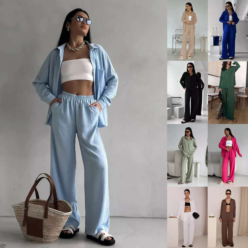 2025 Cross-Border European and American Amazon Women's Solid Color Cardigan Pocket Casual Wide-Leg Pants Set