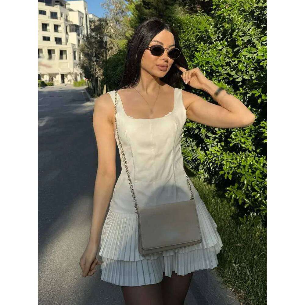 HH Women Summer Square Collar Sleeveless Solid Mini Woman Elegant Chic High Street Slim Short Pleated Dress