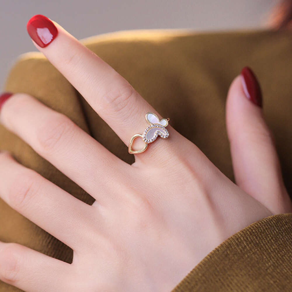 DHcollections Zircon Butterfly Mother-of-Pearl for Women, Niche High-End Light Luxury Elegant Fashionable Index Finger Ring, Adjustable Open Ring