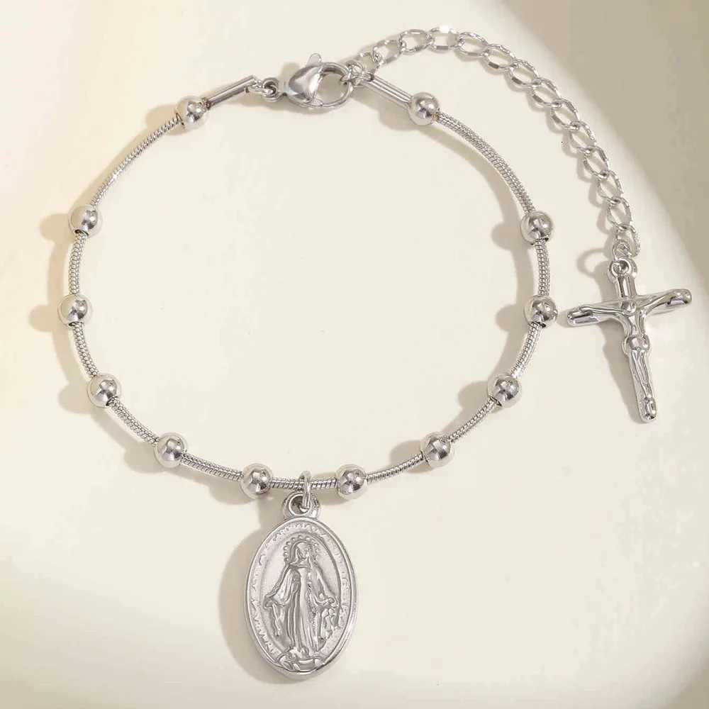 Vnox Double Sides Women Rosary BraceletsGold Plated Stainless Steel Religious Prayer Charm BraceletCross Virgin Mary BraceletsT251110