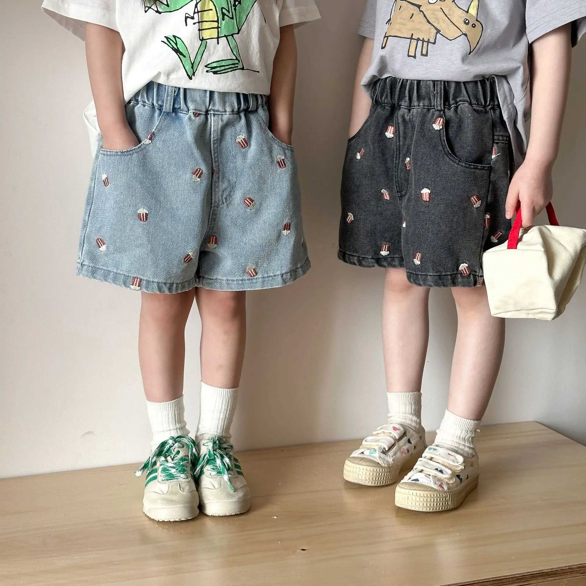 Summer 2025 Childrens Denim Shorts Popcorn Embroidered Shorts Casual Knee Length Jeans Shorts Childrens Boys and Girls Z250410
