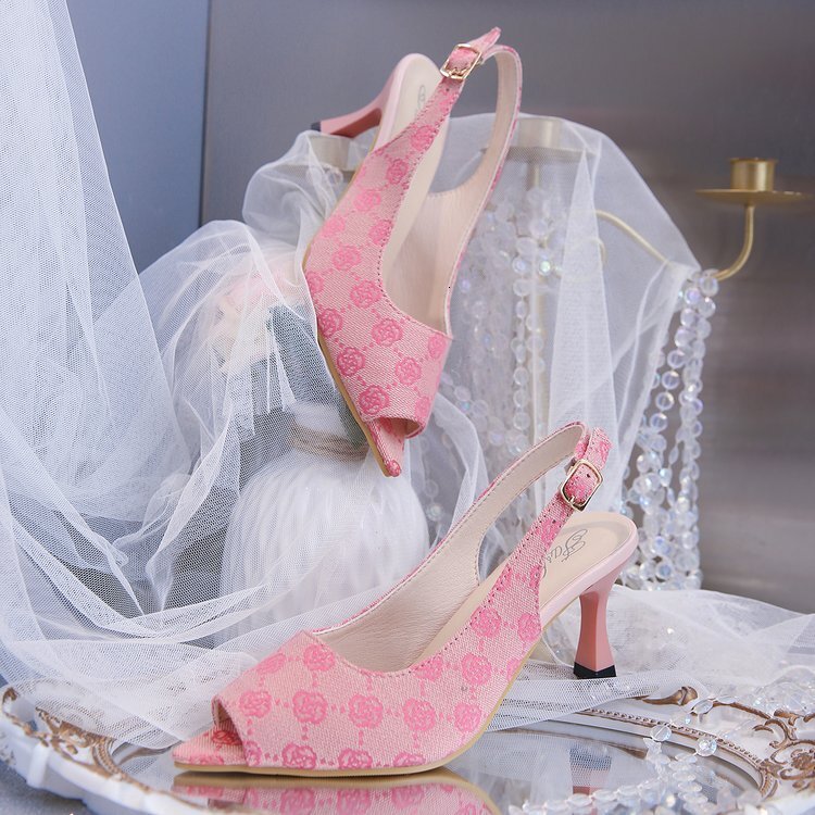 Free Shipping 2025 New Luxury Designer Shoes Big Size Fashion Printed Pink Pointed Toe Stilettos Sandals for Women