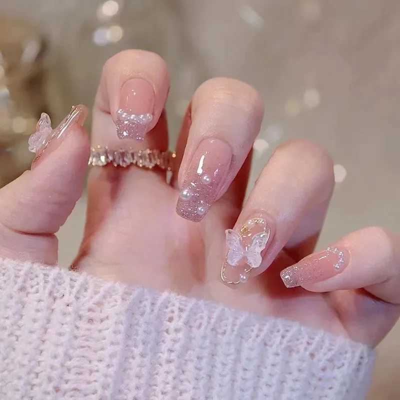 24 pieces of embossed butterfly fake nails with jelly stickers pressed onto the fake nails wearable round headed oval shaped fully covered nail tips W