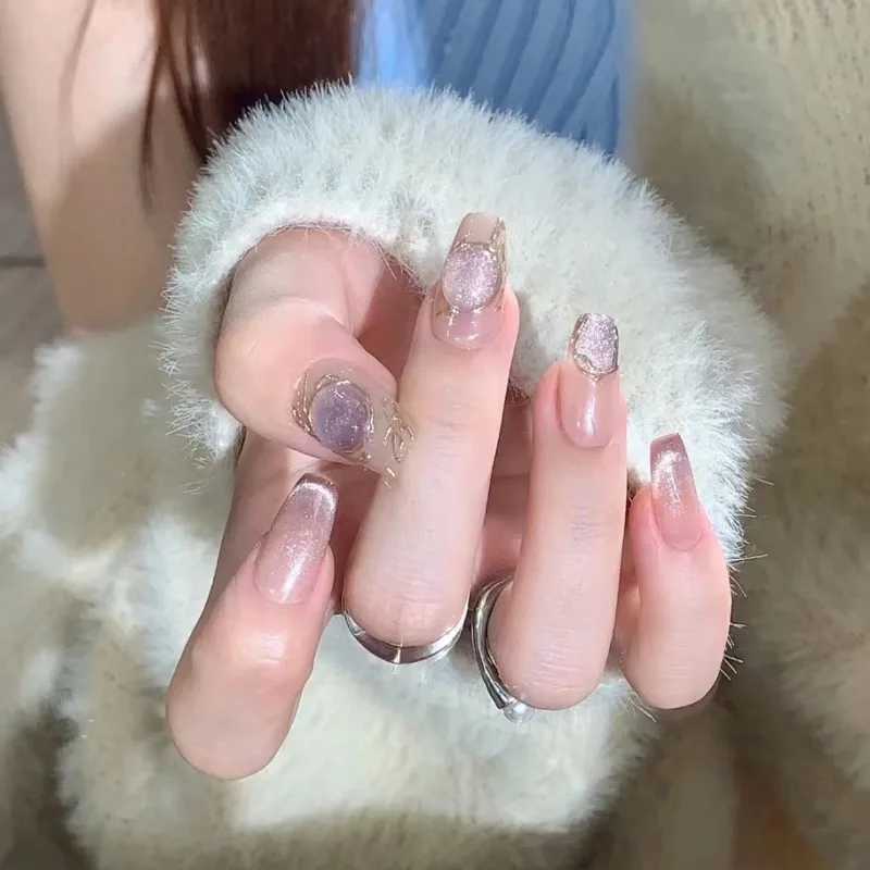 New lovely princess detachable hand knitting nail girl short false nail powder blusher bow patch false nail sticker Ins W250410