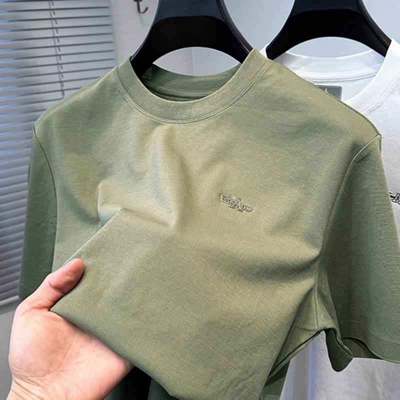 summer mens T-shirt trend letter embossed silk cotton short sleeve comfort elastic quick drying round neck T-shirt 250410