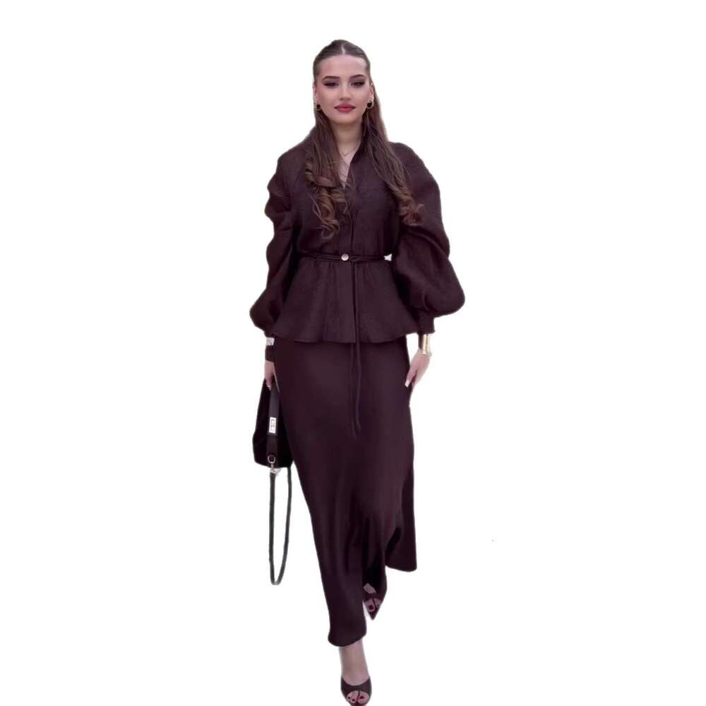 European and American Cross-Border Women's Fashion Autumn New Elegant V-Neck Waist-Cinching Long Sleeve Cardigan Top High-Waisted Skirt Set