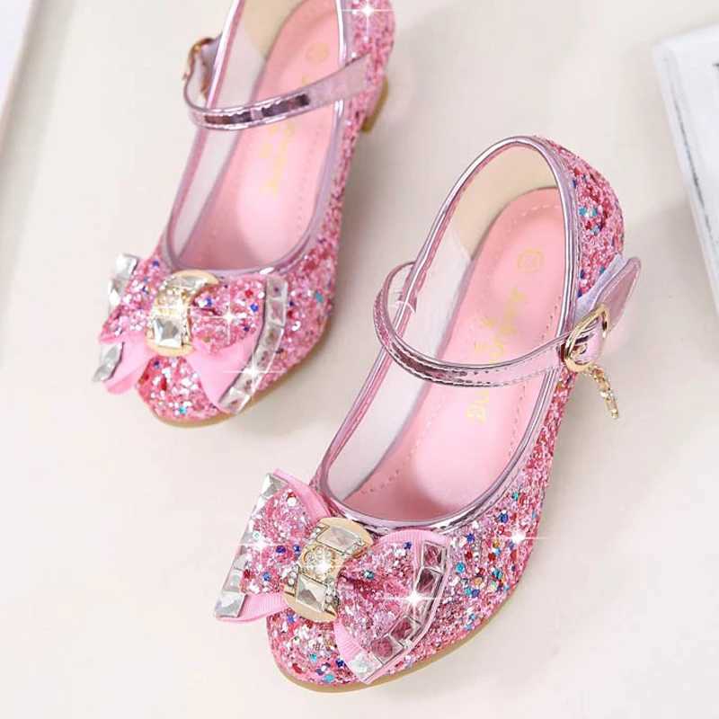 Princess childrens leather shoes girls flower casual flash childrens high heels girls shoes bow blue pink silver Z250410