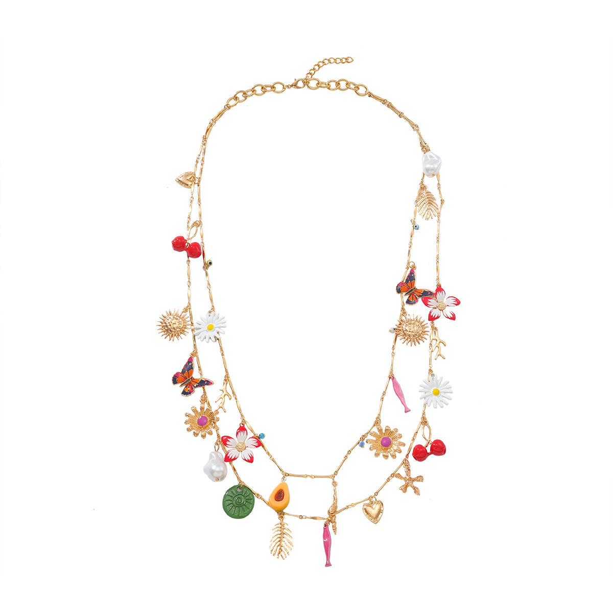 Exquisite Fish Leaf Love Flower Butterfly Cherry Pendant Necklace Autumn Sweater Chain Charm Girl Necklace Accessories