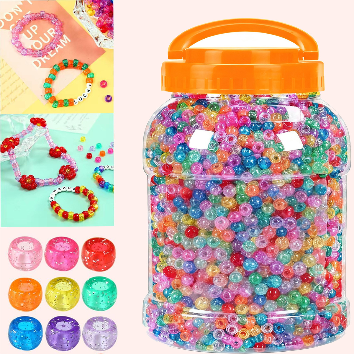 3900pcs 9mm Rainbow Glitter Pony Beads - Iridescent Multicolor Plastic Beads, Portable Storage Bucket, for Friendship Bracelets & Gifts