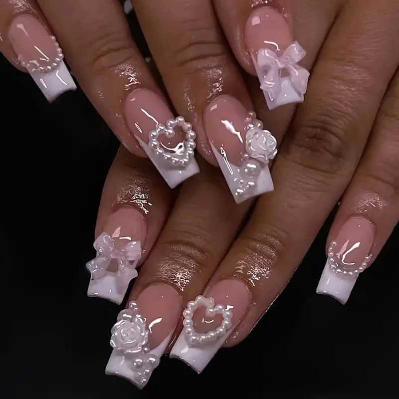 24 pieces of ballet fake nails long French press nails with rhinestones wearable coffin fake nails pink bow design handmade tips W250410