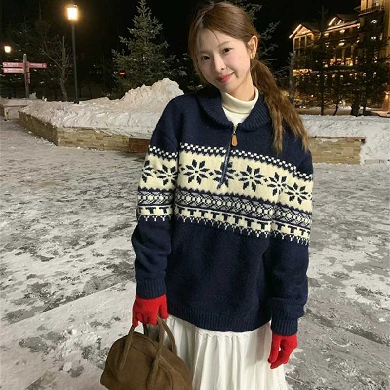 Fashion Winter Jacquard Loose Casual Knitted Pullover Top Retro Zipper Lapel Sweater Women Autumn Korean Sweet Long Sleeve Knitwear Y251110