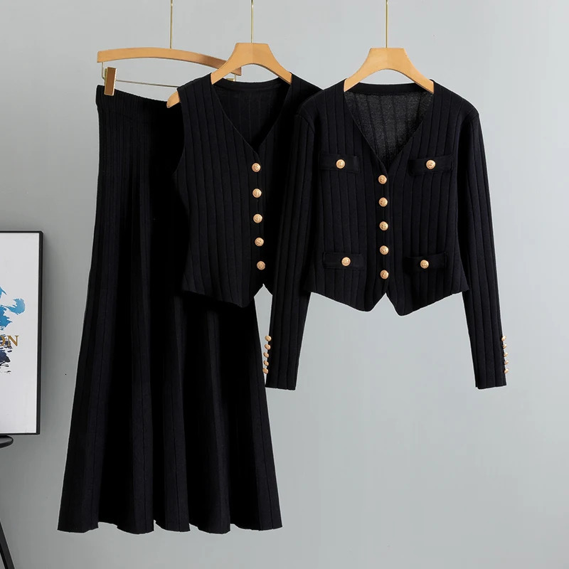Women Three Piece Sets Kintted Vest Pleated Skirt Spring Autumn Cardigan Top High Waist Elegant Suit 251110