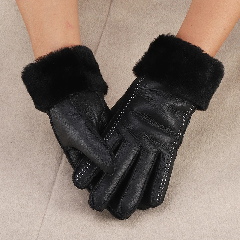 Genuine Sheepskin Leather Gloves For Women Winter Warm Thick Wool Lined Driving Motorcycle Gloves 251106