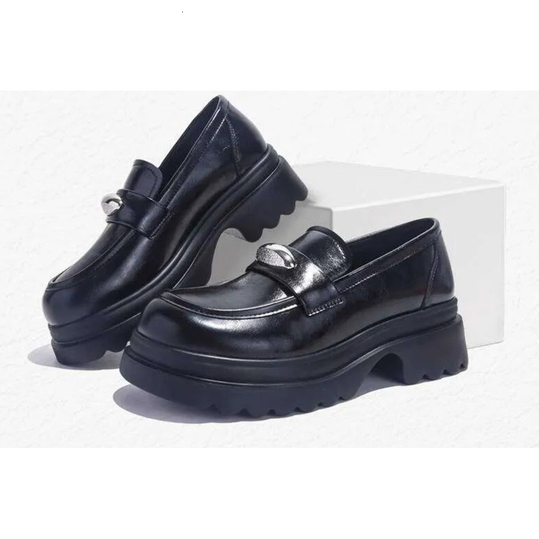 2025 Jifffly Women's Single New Summer Versatile British Style Slip - On Black Leather Thick Loafers