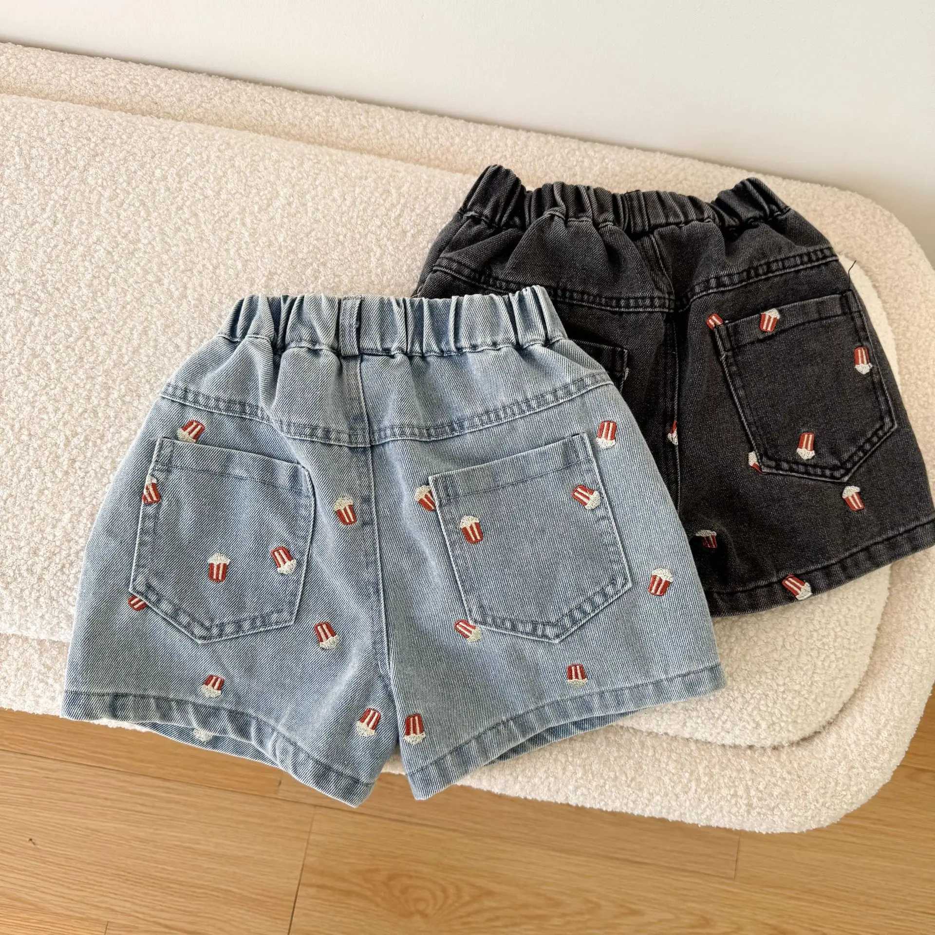Summer 2025 Childrens Denim Shorts Popcorn Embroidered Shorts Casual Knee Length Jeans Shorts Childrens Boys and Girls Z250410