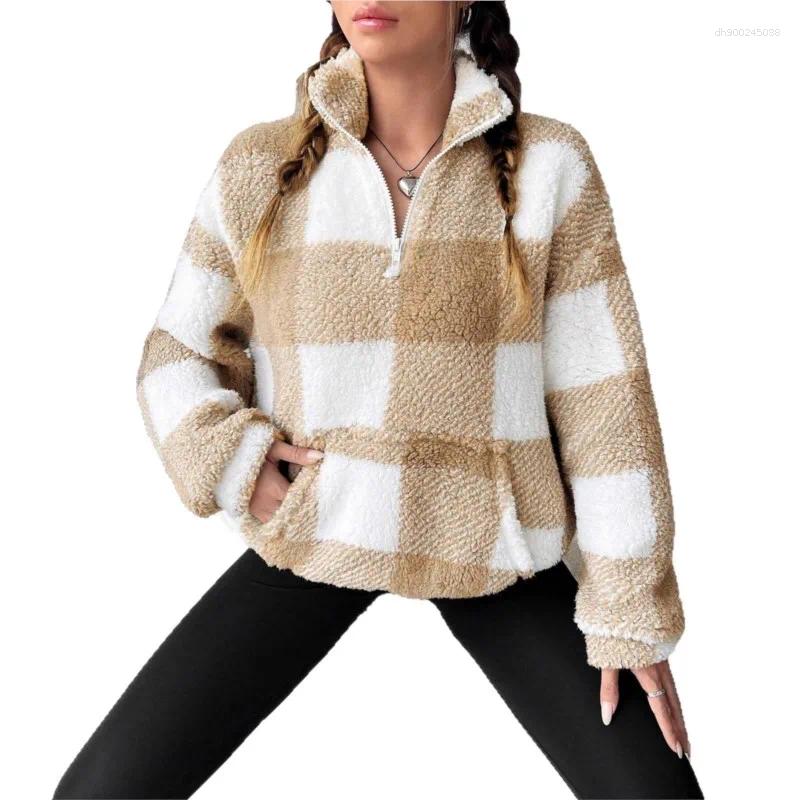 Women's Sweaters Casual Lattice Plush Simple Style Loose All-match Homewear Pullover Contrast Comfortable Commuting