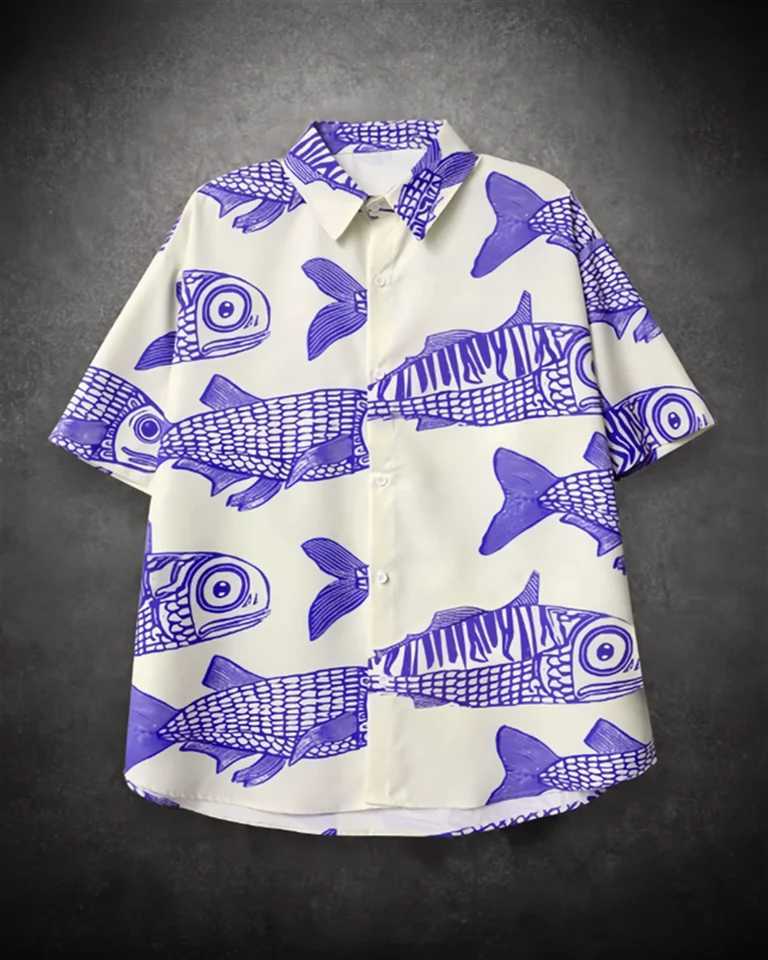 2025 New Street Explosion Fashion Fish 3D Printing New Personalized Mens Summer Casual Shirt Linen X250410
