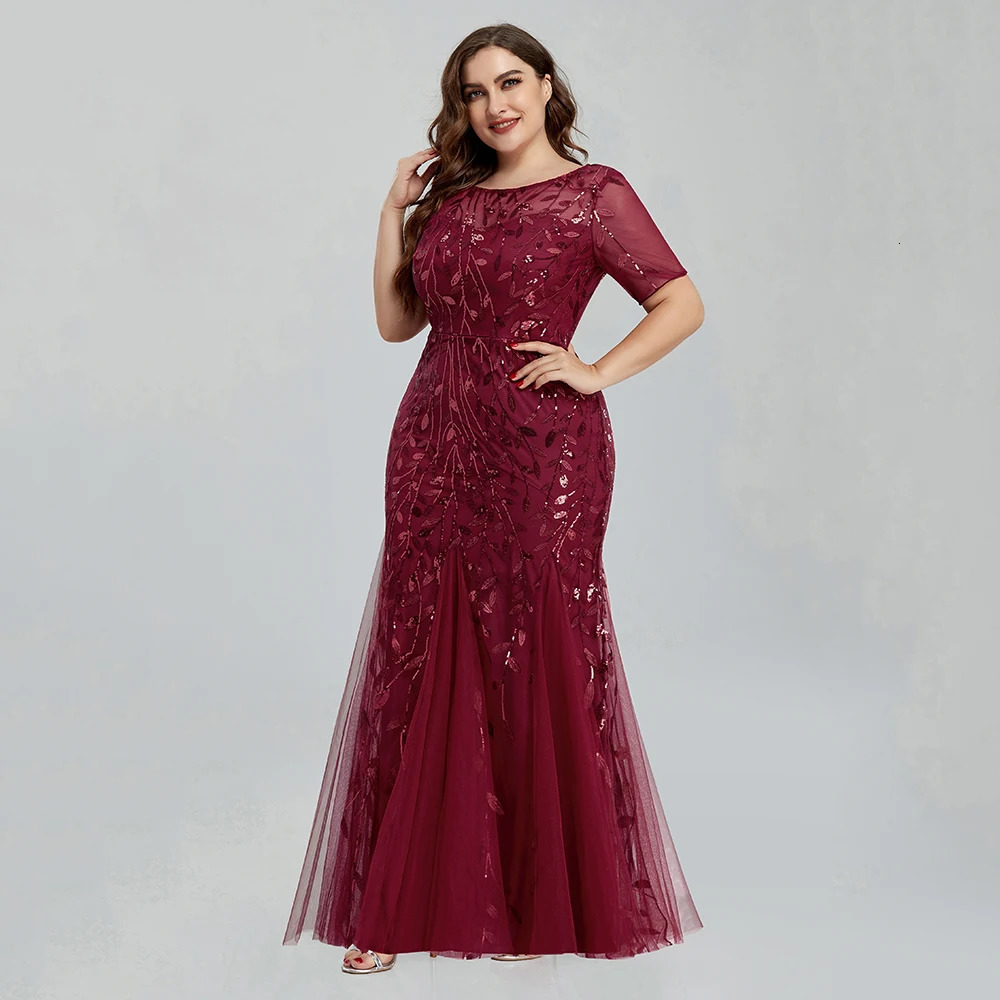 plus size sequin net mermaid ultra-thin evening dress with bead leaf pattern for formal womens elegant party dance dress short sleeved 250403