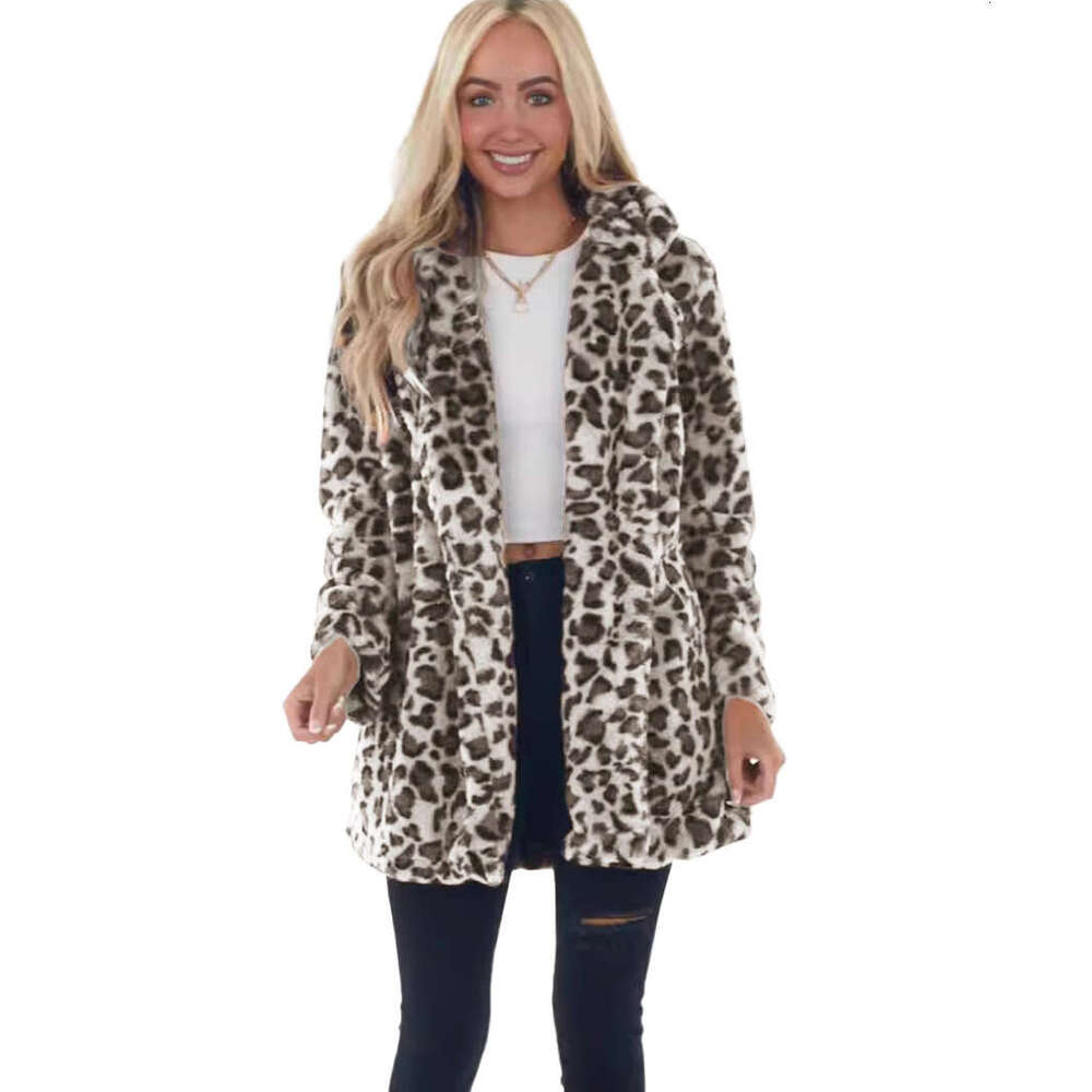 European and American Cross-Border Autumn Winter Leopard Print Faux Fur Women's Fashionable Elegant Side Pocket Loose Furry Coat