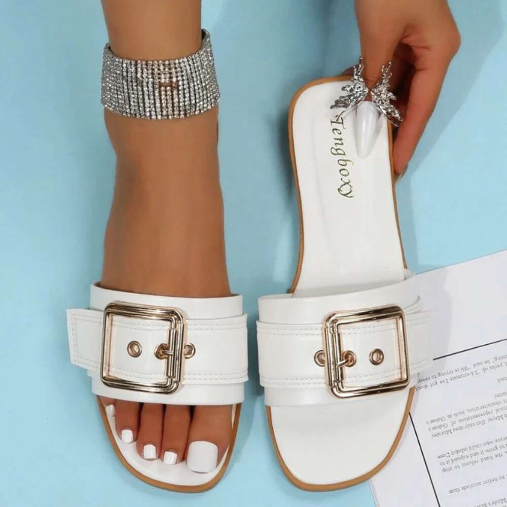 Personality New Slides Buckle Open Toe Wear-resistant Office White Flat Slippers Summer Sandy Beach Sandals Women Shoes