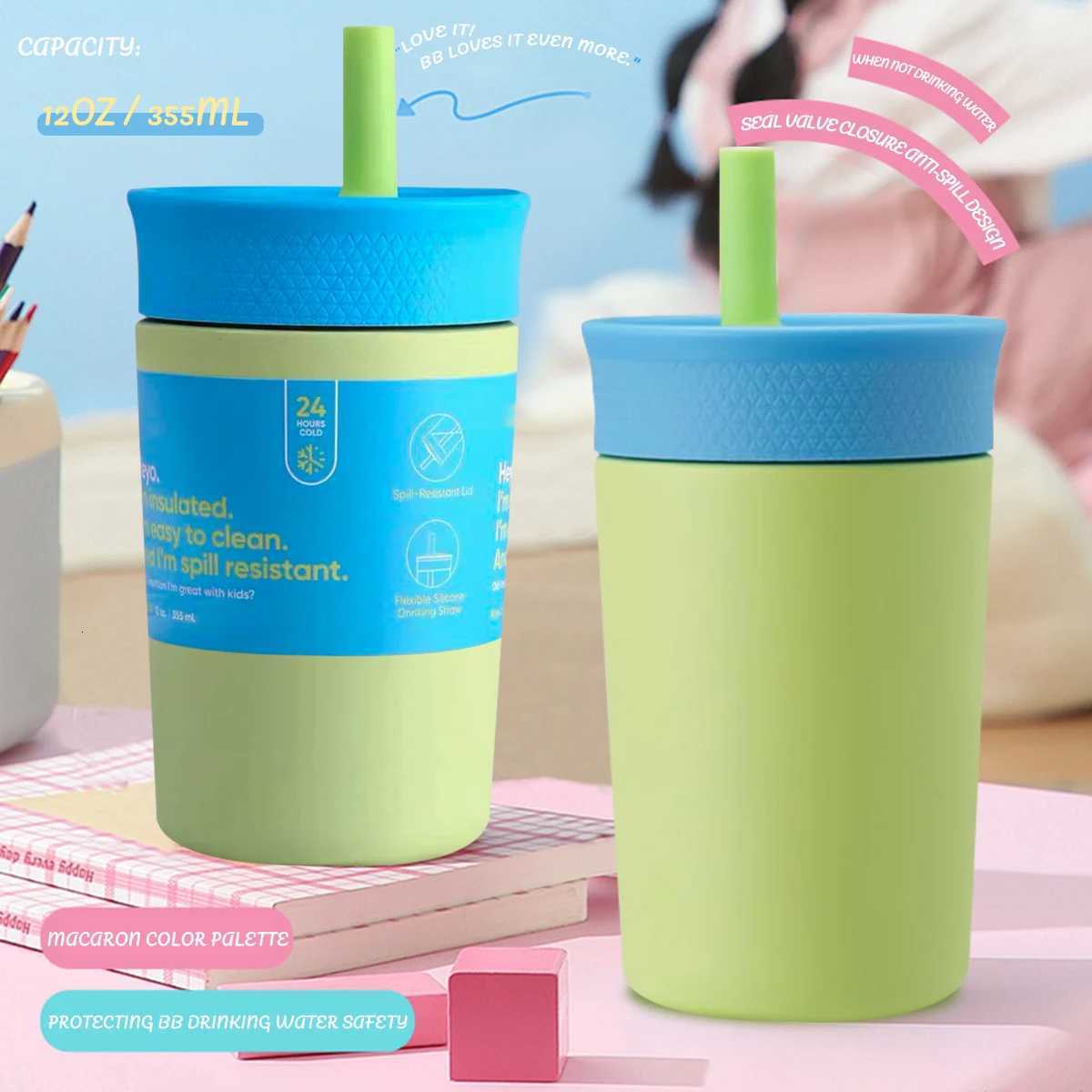 Fashionable cup Owalaa kids Water bottlesmall cup 12oz 355ML with strawsuitable for kidsStudentcampingindoor and Outdoor use Y251110