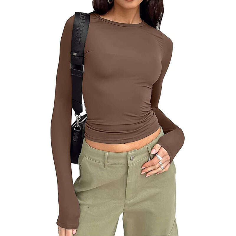 Women's Fashion Casual Long Sleeve Spring Autumn Solid Color Slim Fit Pullover T-Shirt Streetwear Base Shirt Top