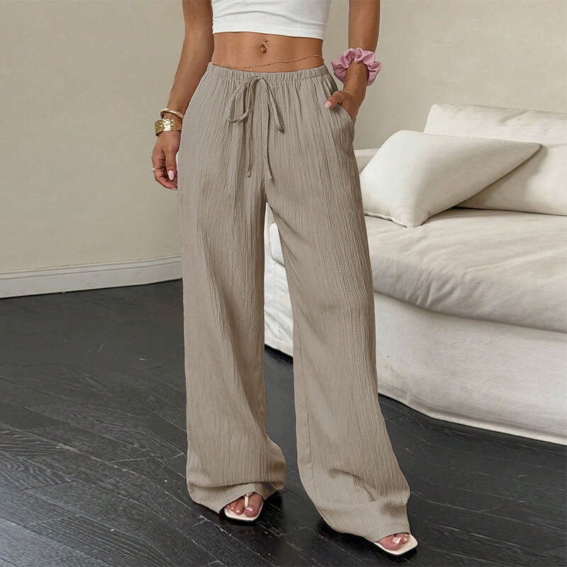 Cross-Border Wish Amazon Foreign Trade European and American Style Casual 2025 Autumn New Solid Color Straight Long Pants Women's Fashion