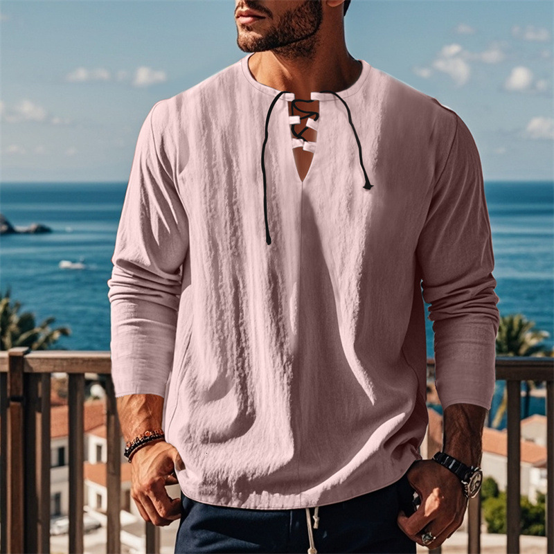 2025 Spring and Autumn New Cotton and Hemp Loose Strap V-neck Long sleeved Shirt Fashion Casual Top Long sleeved T-shirt