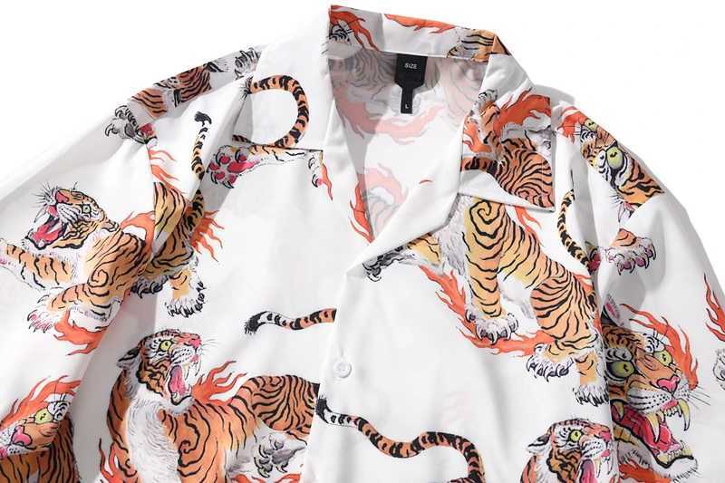 Black tiger full print retro street mens shirt button down collar holiday beach H X250410