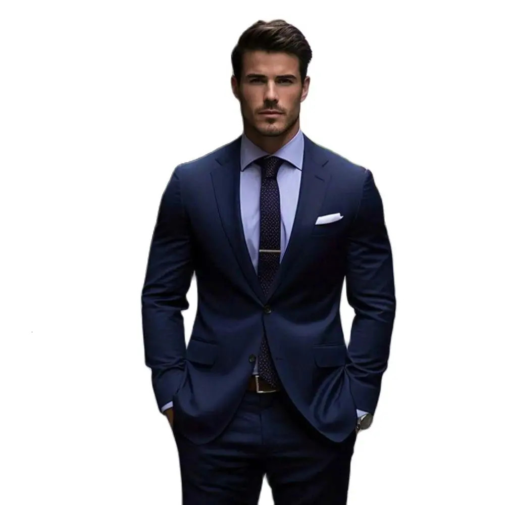 Elegant navy blue solid mens suit two-piece formal notch lapel single chest slim fit set office business casual set 250408