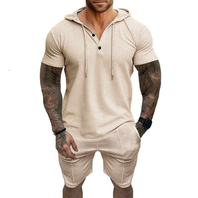 2024 Summer New Mens Casual Hoodie Set T-shirt Henley Shirt