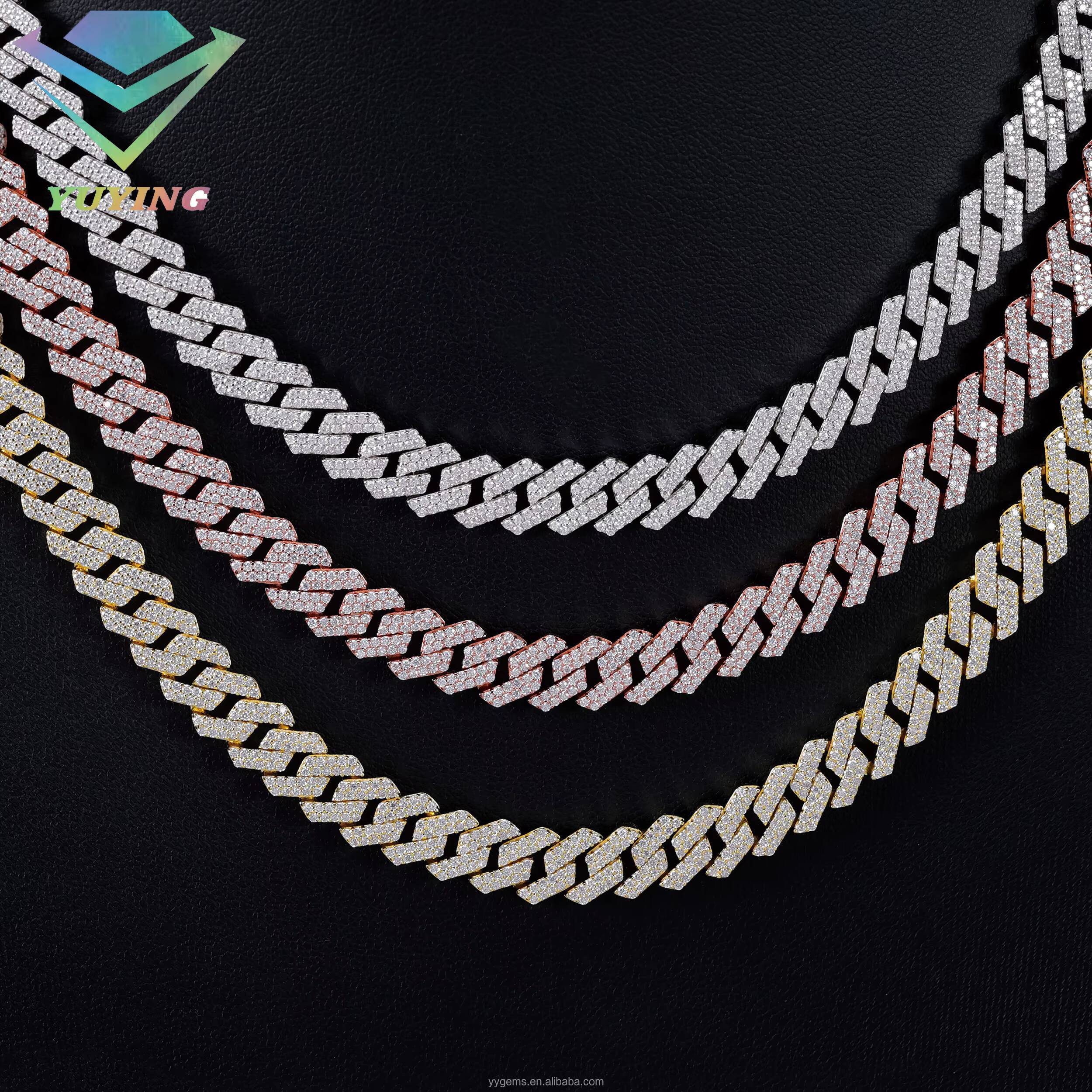 8mm-12mm Width 100 Pass Tester 18k Gold Plated 2rows VVS Moissanite 925 Silver Cuban Link Chain for Hip Hop Rapper Jewelry