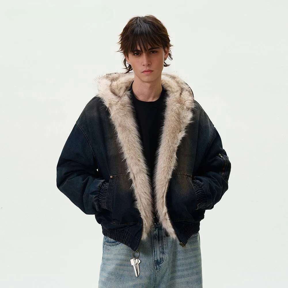 Fur Collar Denim Parkas Men's And Women's Distressed Puffer Jacket Hip Hop Thickened Warm Coat Short